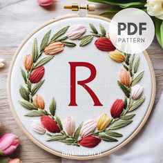 the letter r is surrounded by flowers and leaves on a white background with text overlay