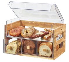 a display case filled with lots of different types of doughnuts and pastries