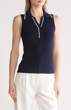 Adrianna Papell Sleeveless Tipped Pointelle Polo available at #nordstromrack Polo Knit, Going Out Trousers, Dramatic Classic, Johnny Collar, Pointelle Knit, Weather Wear, How To Iron Clothes, Clothing Care