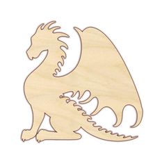 a wooden cutout of a dragon sitting on its hind legs and facing the viewer