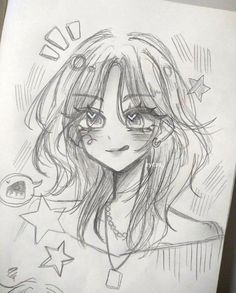 a pencil drawing of a girl with long hair and stars on her head, looking to the side