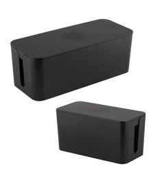 two black storage boxes sitting next to each other on a white background, one is empty and the other has no lid