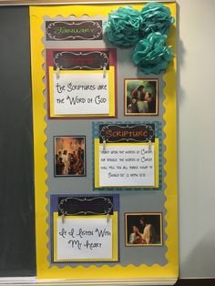 a bulletin board with pictures on it and some writing attached to the back of it