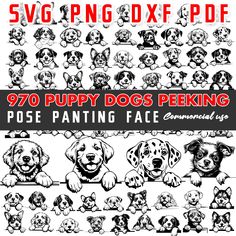 a large group of dogs with different expressions on it's face and the words 99 puppy