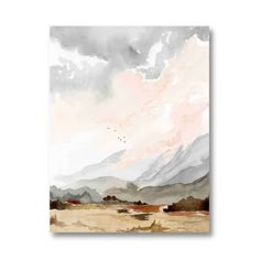 a painting with mountains in the background and birds flying over it on a cloudy day