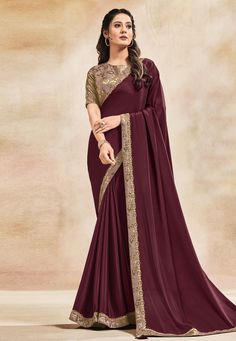 Maroon satin silk plain saree with designer blouse 42016 Desc: Style : Saree with Designer Blouse Color : Maroon Saree Fabric : Satin Silk Wash Care : Dry clean Sleeve Style : Half Sleeve Long Sleeves : Done only in Custom Stitch Sleeves Lining : Done only in Custom Stitch Bust Size : 34 to 40 Inches Occasion : Reception Gudi Padwa Wedding Kitty Party Mehendi Sangeet Party Wear. With Express Free Shipping Buy Indian Party wedding wear Bridal saris Maroon satin silk plain saree with designer blou Mode Purple, Maroon Saree, Bridal Sari, Simple Saree Designs, Indian Sari Dress, Sari Design, Raw Silk Saree, Sari Dress, Plain Saree