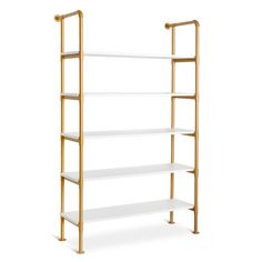 a white and gold shelf with three shelves on each side, one is open to reveal the