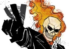 a drawing of a skeleton holding a knife in front of a fire and flames background