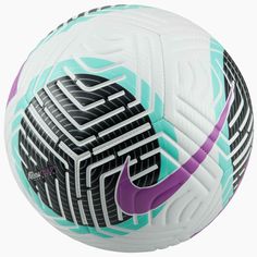 a white and purple soccer ball on a white background with the word nike printed on it