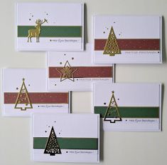 five christmas cards with gold and green designs on them, all decorated in different shapes