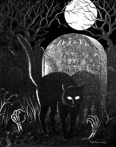 a black and white drawing of a cat in front of a grave with the moon behind it