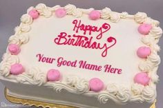 a birthday cake with white frosting and pink icing on the top that says, happy birthday your god name here