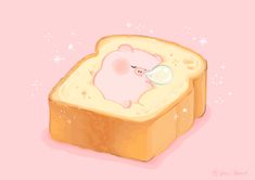 a piece of bread with a pink background and a cartoon character sleeping on top of it