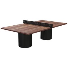 a wooden table with black metal legs and a wood top on an isolated white background