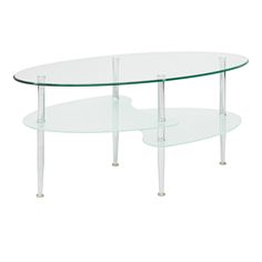 an oval glass coffee table with two shelves on one side and metal legs, against a white background