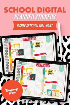 the school digital planner stickers are shown on two ipads, one with an image of