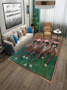 a living room filled with furniture and paintings on the wall next to a large rug