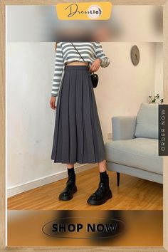 Vintage Pleated Midi Skirt Fashion High Waist Gothic Skirt Women Spring Casual Korean A-line Elastic Solid All-match Skirt New Casual A-line Pleated Maxi Skirt, Casual A-line Maxi Skirt With Pleats, Casual A-line Pleated Skirt For Winter, Non-stretch Midi Pleated Skirt, Casual Full Pleated Skirt For Winter, Gray Long Pleated Skirt, Casual A-line Pleated Skirt For Fall, Gray Relaxed Flared Pleated Skirt, Wide Leg Gray Skirt For Spring