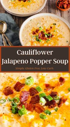 two bowls of cauliflower jalapeno popper soup on a wooden table