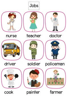 an image of different professions and jobs in the english speaking game for children to learn