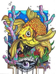 a drawing of a goldfish in an aquarium with corals and other marine life