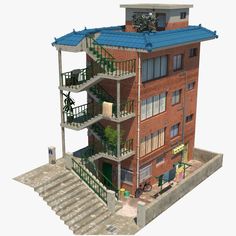 an apartment building with stairs and balconies on the second floor is shown in this 3d image