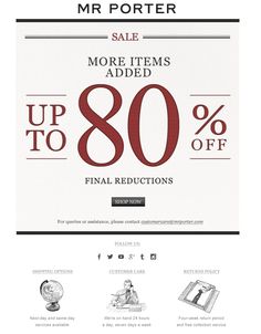 the website for mr porter's sale is shown in black and white, with red lettering