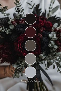 a bridal bouquet with red flowers and greenery in the center, surrounded by three different shades of gray