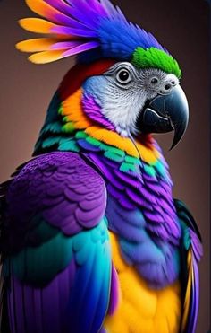 a colorful parrot with feathers on it's head is standing in front of a dark background