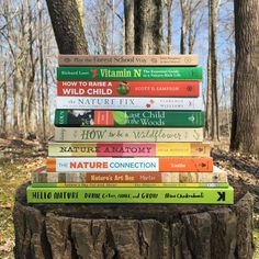 a stack of books sitting on top of a tree stump