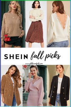 I did some online browsing last night to share some early fall picks from SHEIN with you guys. I have been shopping at SHEIN for a few years now and I love to stock up on my favorite fall trends. They are very budget-friendly (all these are under $30) and they have pretty fast shipping as well! Each of these picks are more on the neutral side, which makes them versatile. I love the detail of the cream sweater with the lace back! It's so feminine and pretty. I love the pom-pom detail on the tan sweater. It gives the top some texture and it is a great neutral color too I am usually one for sweater sets, but how adorable is the blush sweater and skirt set? It's under $30 too! I am having a moment with blazers. The oversized cognac cord blazer is a great piece to dress up or down. I can wear i Shein Fall Outfits, Fall Club Outfits, Engagement Photo Outfits Fall, Shein Fashion, Blush Sweater, Black Jeans Outfit, Tan Sweater, Knitted Bodycon Dress, Engagement Photo Outfits