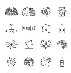 set of thin line icons on the theme of artificial and machine learning in modern technology