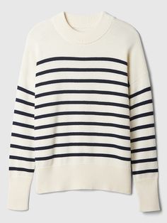 Soft cotton knit. Dropped shoulder, long sleeves with ribbed cuffs. Ribbed crewneck. Ribbed hem. Allover stripes. #617706 Winter Fits, Sherpa Jacket, Striped Sweater, Cotton Knit, Crewneck Sweater, Stripe Sweater, Stand Collar, Crew Neck Sweater, Drop Shoulder