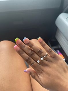 Coloured French Nails Tips Acrylic, Acrylic Nails Multiple Colors, Colorful French Tip Nails Square, Rainbow Short Nails, Multicolor French Tip Nails, 2 Color Nail Ideas, Color French Tip Nails, Rainbow French Tip Nails, Colorful French Tip Nails