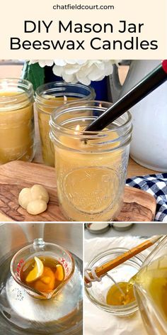 homemade diy mason jar beeswax candles with lemons and cinnamon in them