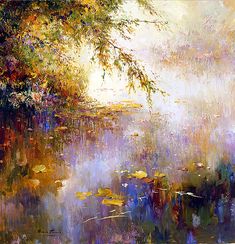 an oil painting of water lilies and trees in the background with sunlight coming through