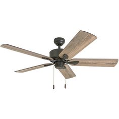 a ceiling fan with three wooden blades