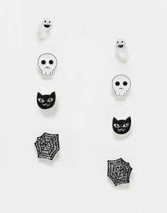 Accessories by ASOS DESIGN Spooky season win Pack of four Stud style Halloween designs Smooth finish Bullet clutch back Product is non-returnable for hygiene reasons Halloween Motive, Badge Making, Sacs Tote Bags, Creative Genius, Leopard Print Baby, Stud Style, Halloween Designs, Spring Floral Dress, Reclaimed Vintage