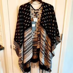 Cool Boho Style In A Super Soft Washable Acrylic - This Is Brand New, Never Worn, From Nordstrom. Great Neutral Colors, Would Look Fantastic Belted! One Size Bohemian Outerwear For Cold Weather, Bohemian Black Outerwear For Layering, Bohemian Shawl Outerwear For Cold Weather, Bohemian Shawl For Cold Weather, Black Shawl Outerwear For Fall, Black Pashmina Shawl For Fall, Black Cape Shawl For Fall, Casual Black Shawl For Fall, Oversized Black Shawl For Fall