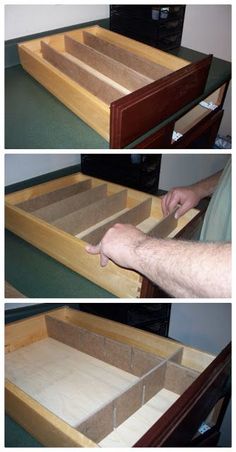 three pictures showing the steps to make a drawer for a bed with drawers on each side