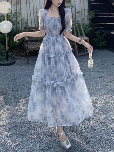 46323648987378|46323649020146|46323649052914 Cute Dress Korean Style, Ankle Length Frocks, Long Floral Dress Aesthetic, Fairycore Aesthetic Fashion, Flower Dresses Casual, Floral Dress Aesthetic, Floral Dres, Elegant Vintage Dresses, Korean Style Dress