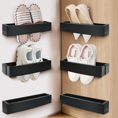 there are several pairs of shoes hanging on the wall