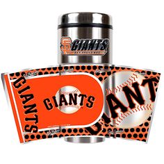 the san francisco giants can cooler is decorated with an orange and black polka dot design