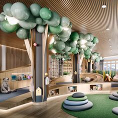 the children's room is decorated with green balloons