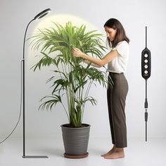 a woman standing in front of a potted plant next to a black and white light