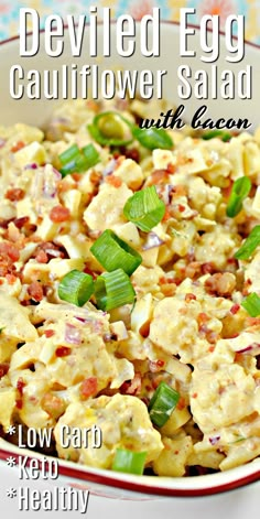 deviled egg cauliflower salad with bacon in a bowl