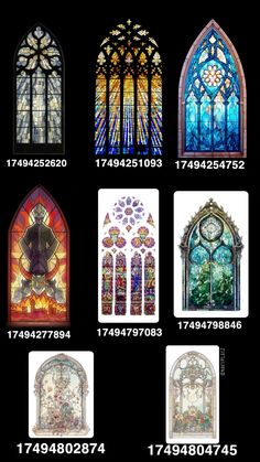 several different types of stained glass windows in various styles and sizes, all with numbers on them