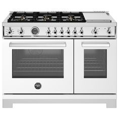 a white stove top oven with two burners on each side and one door open