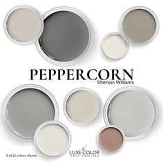 six different shades of gray paint with the words peppercorn above it and below them