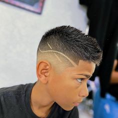 Simple Hair Designs For Boys, Fade Designs Boys, Boys Haircut Lines On Side, Fohawk Haircut Fade Kids, Boys Haircut With Design, Boys Haircut Designs Lines, Hard Part Haircut Kids, Boy Haircut Designs, Kids Burst Fade